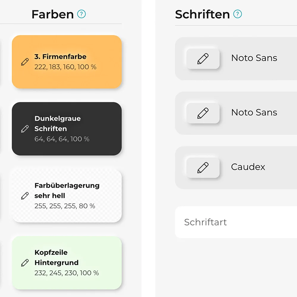 Ausschnitt des Formulars zur Auswahl von Farben und Schriften für Bildschirminhalte.