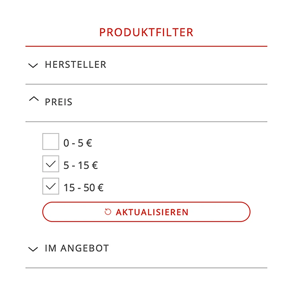 Bildschirm-Ausschnitt des Produktfilters im Webshop.