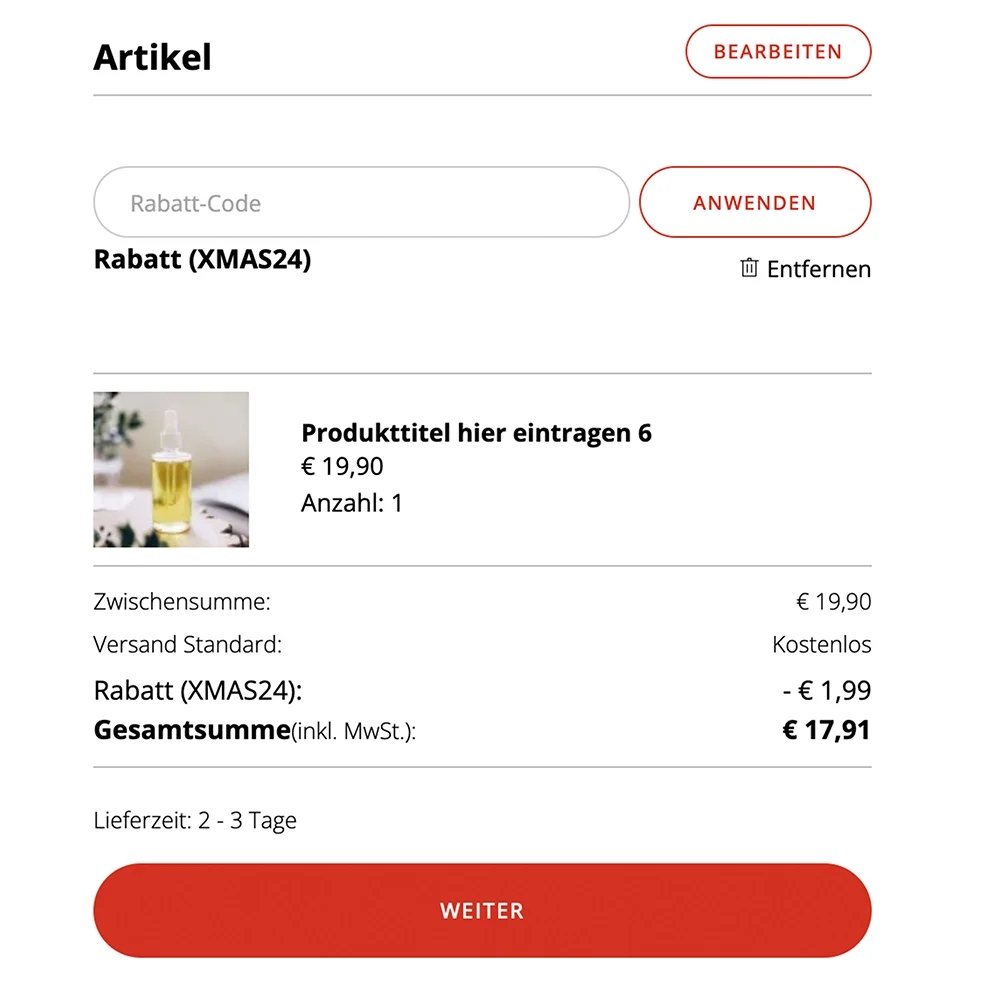 Bildschirm-Ausschnitt des Eingabefeldes für den Rabattcode im Webshop.