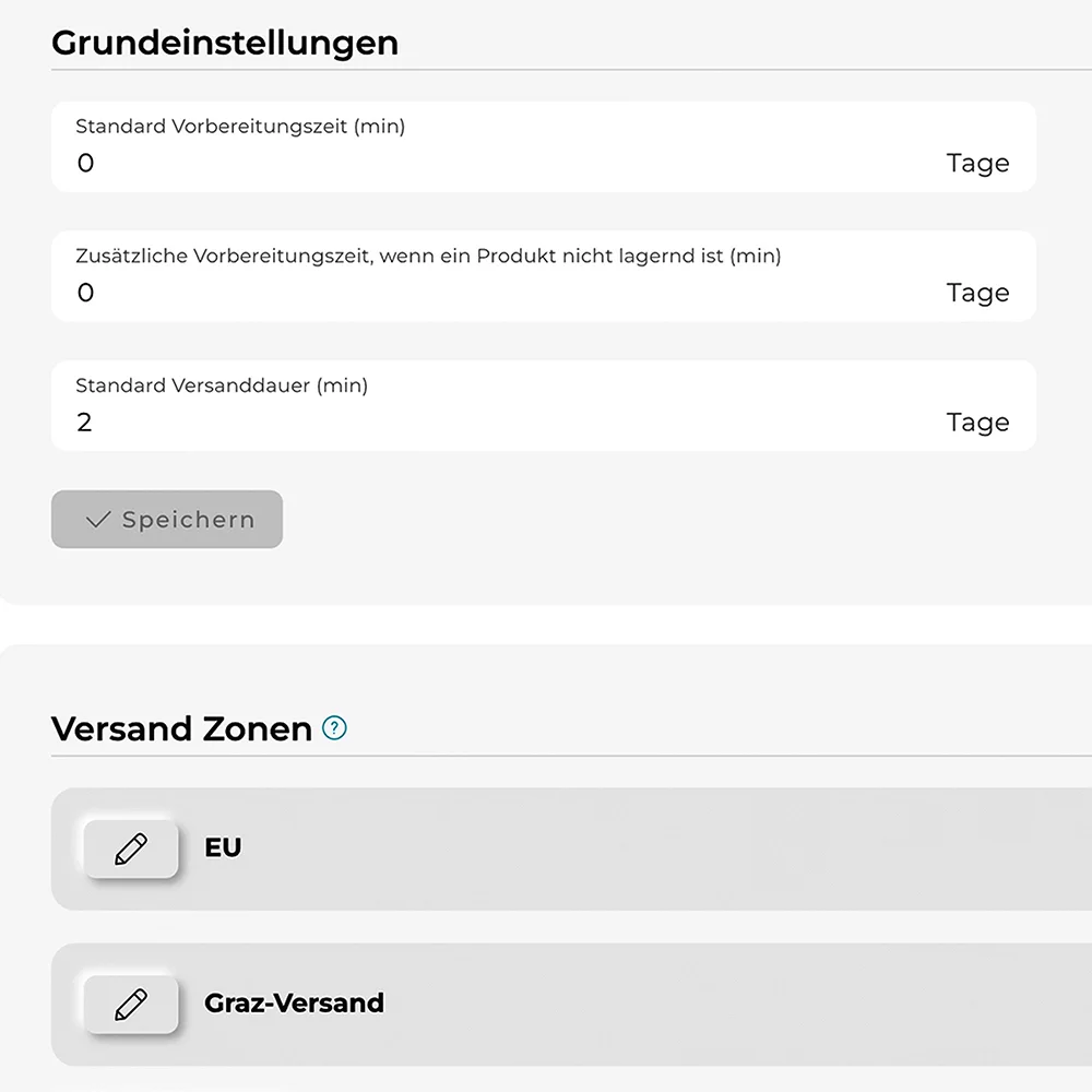 Bildschirm-Ausschnitt der Auswahl von länderspezifischen Steuersätzen für den Versand.